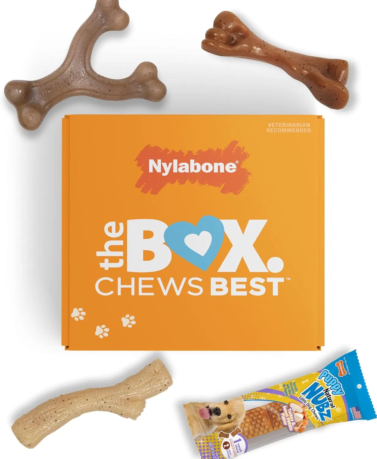 Nylabone Puppy Gift Box, Includes 3 Strong Chew Toys and 1 Natural Dog Treat, Gifts for Puppies, Small - Up to 25 lbs, 4 Pack