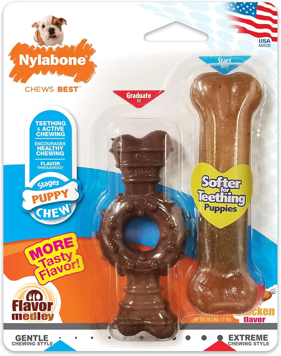 Nylabone Ring Bone Chew Toy for Puppies, Puppy Teething Toys, Chicken Flavor, Chicken Flavor, X-Small - Up to 15 lbs, 2 Pack