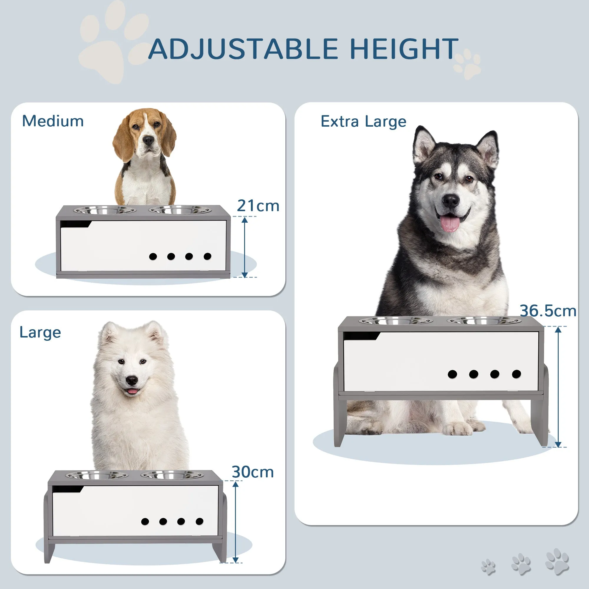 PawHut 3 Height Adjustable Raised Dog Bowls, Dog Feeding Storage Station w/ Slow Feeder Mat, 2 Stainless Steel Bowls
