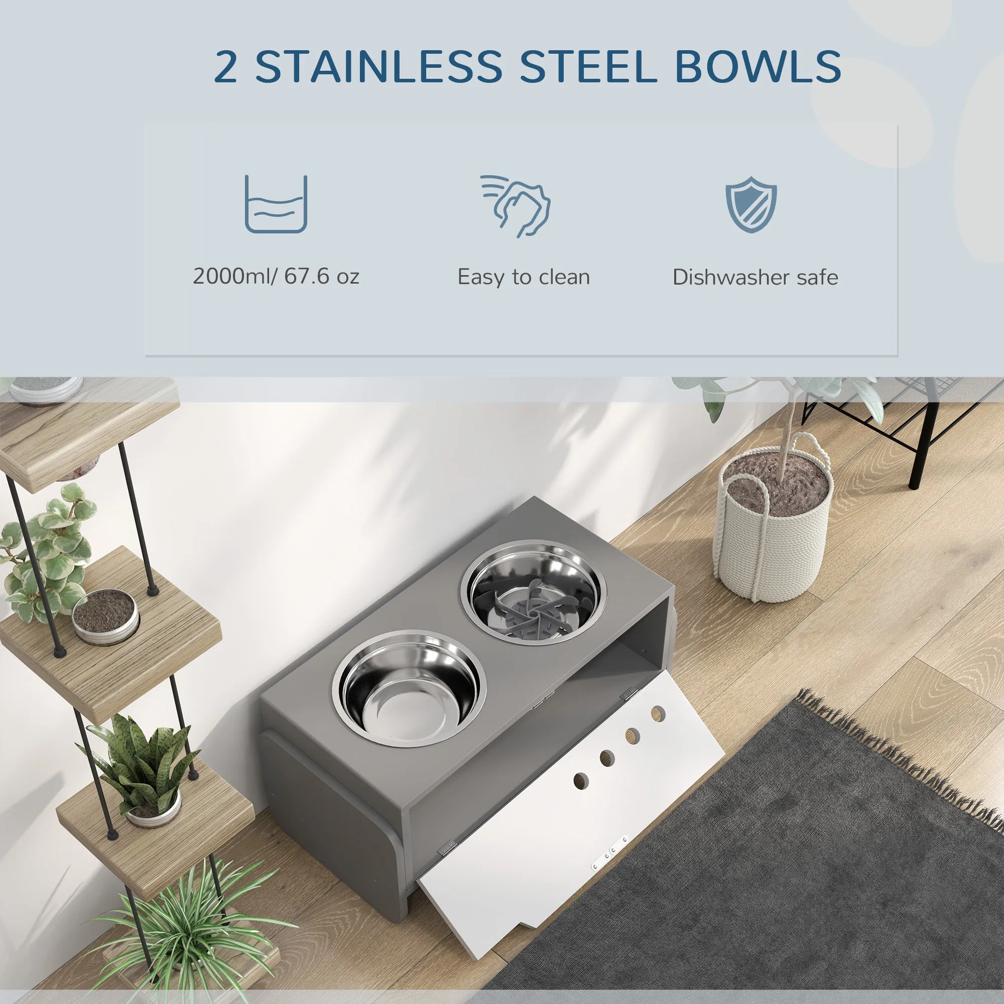 PawHut 3 Height Adjustable Raised Dog Bowls, Dog Feeding Storage Station w/ Slow Feeder Mat, 2 Stainless Steel Bowls