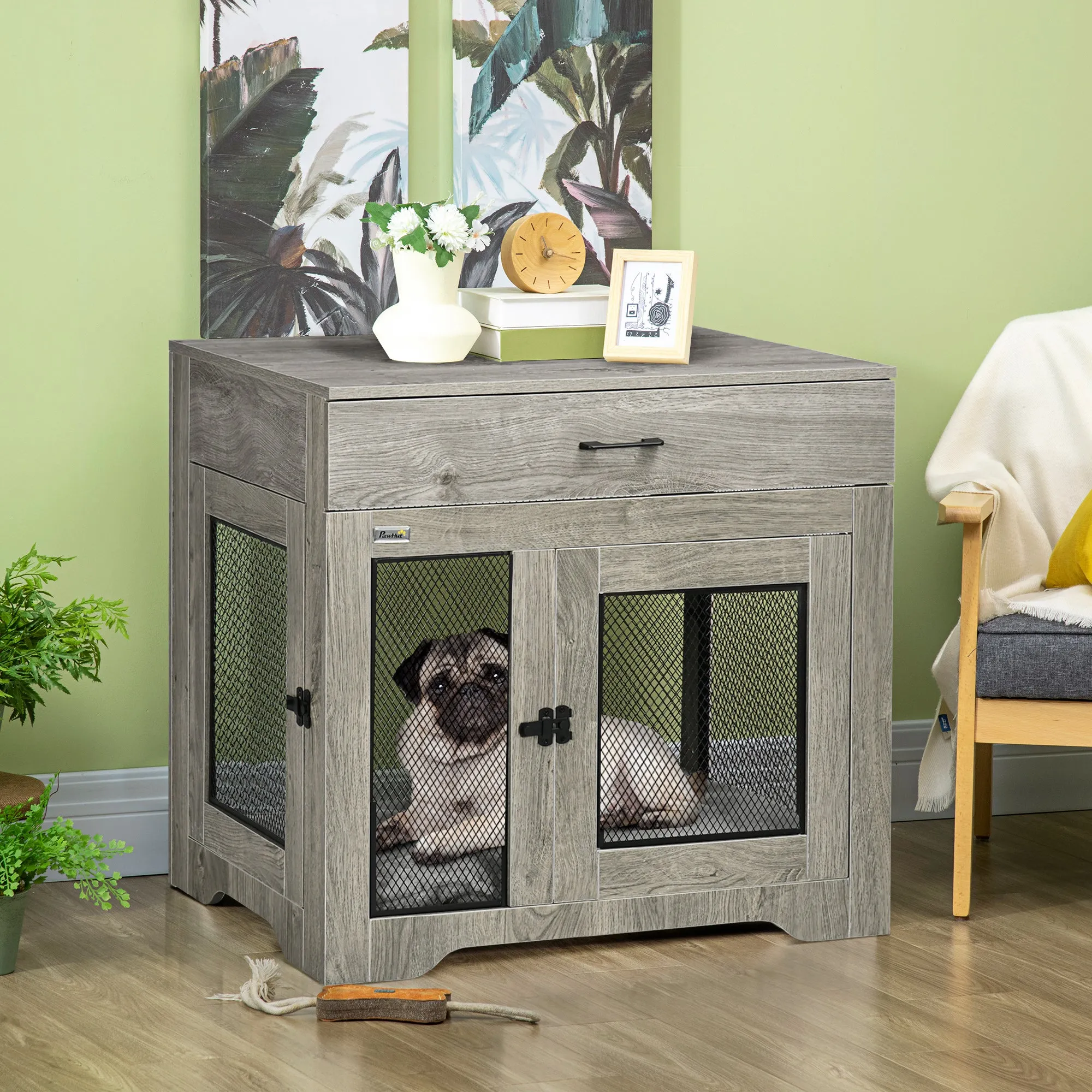 PawHut Dog Cage End Table with Two Doors, Drawer, for Medium Dogs - Grey