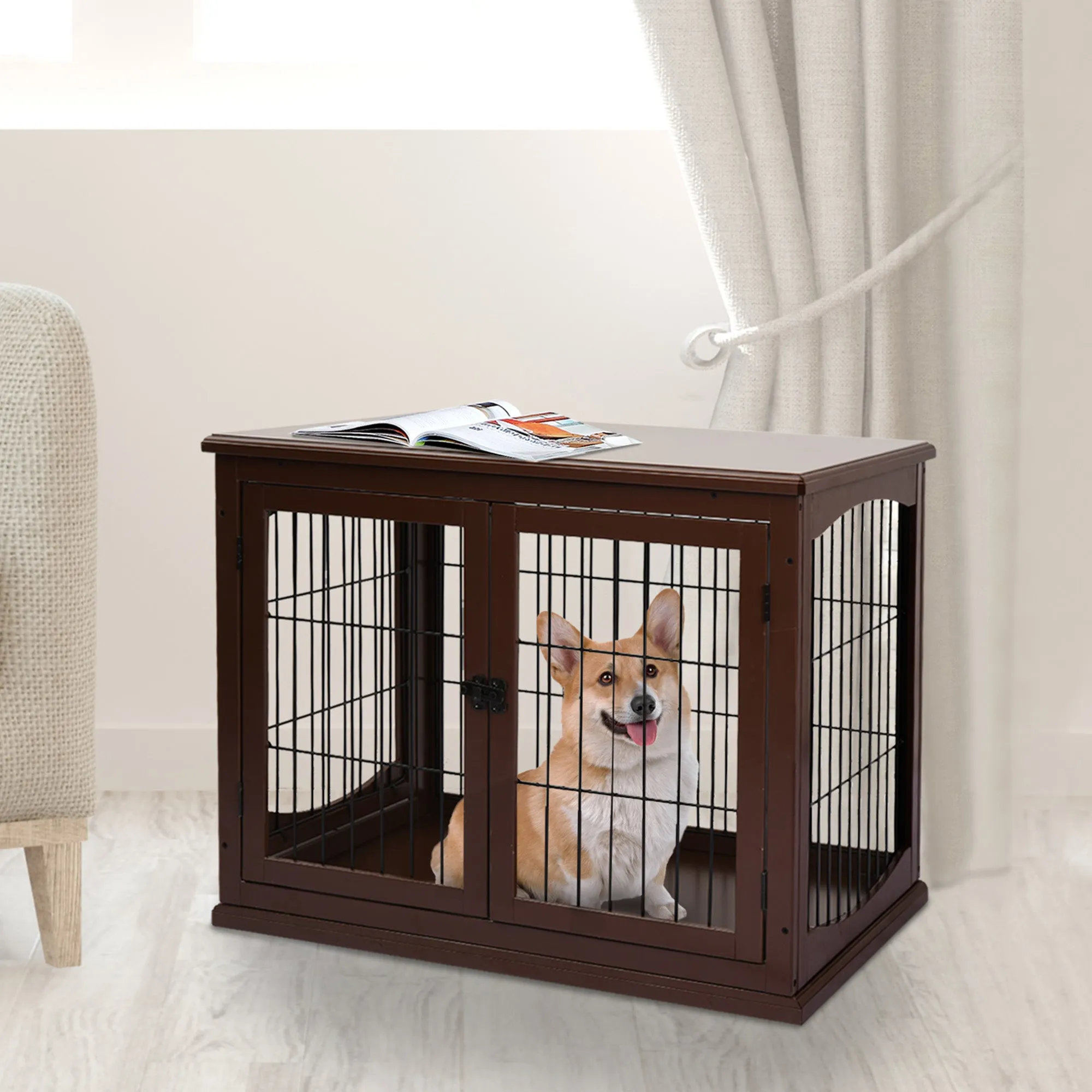 PawHut Dog Crate Furniture, Puppy Crate End Table, Pet Kennel House with 2 Doors for Medium and Small Dogs, 81 x 58.5 x 66 cm, Brown