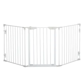 PawHut Pet Safety Gate, 3 Panels Playpen Fireplace, Metal Fence, Stair Barrier, Room Divider w/ Walk-Through Door - White