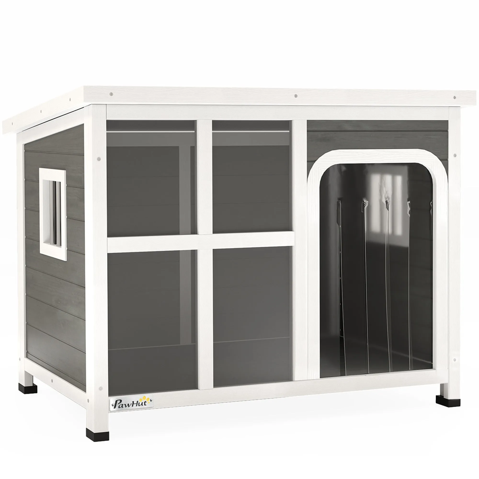 PawHut Wooden Dog House Outdoor with Asphalt Openable Top, Removable Floor, Clear Front Panel, Curtain, 90 x 62 x 71cm