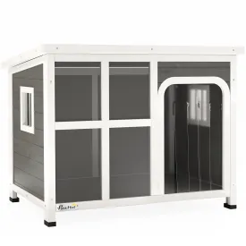 PawHut Wooden Dog House Outdoor with Asphalt Openable Top, Removable Floor, Clear Front Panel, Curtain, 90 x 62 x 71cm