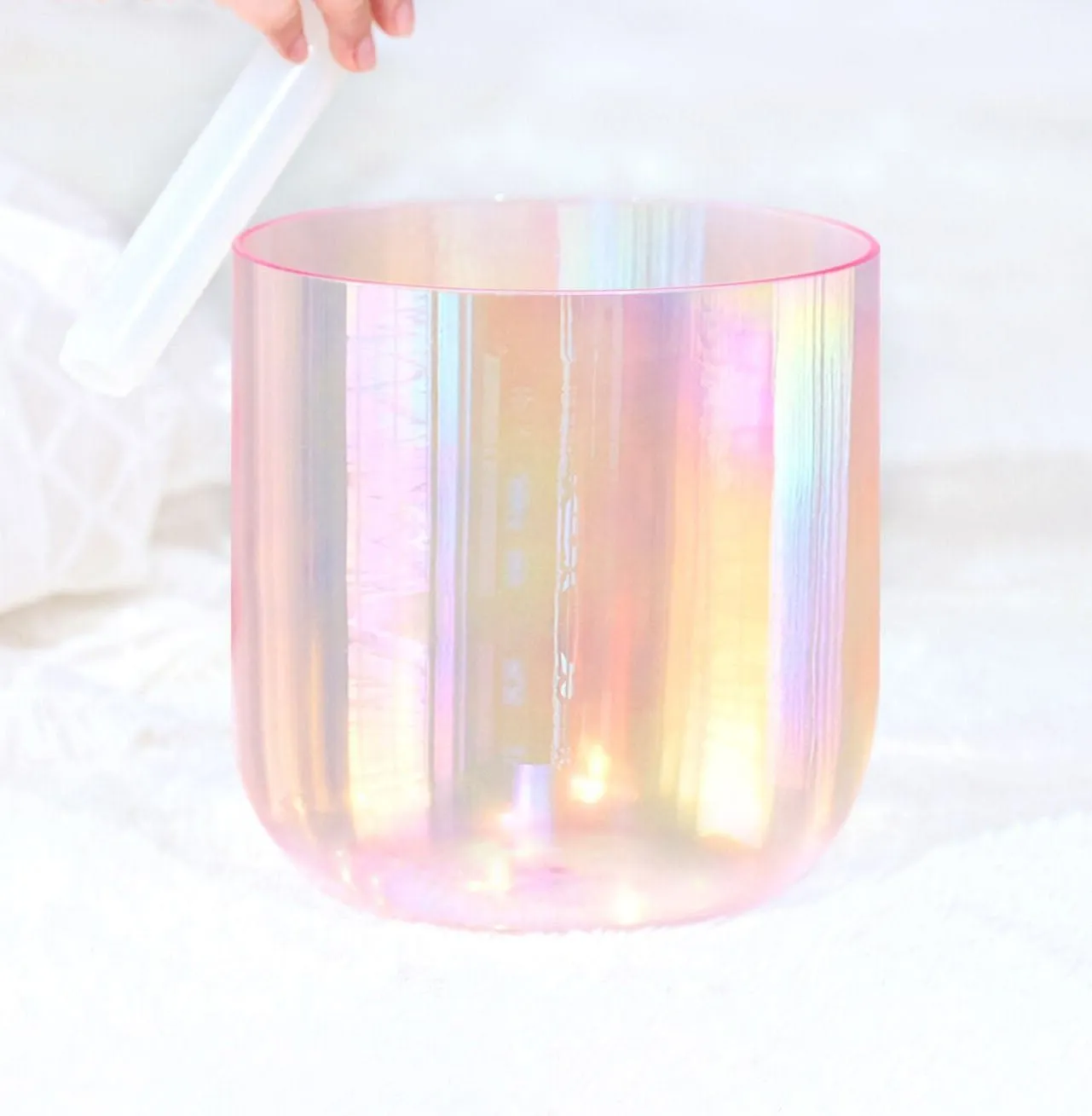 Pink 6 Inch Clear Quartz Crystal Singing Bowl with Cosmic Light for Sound Healing