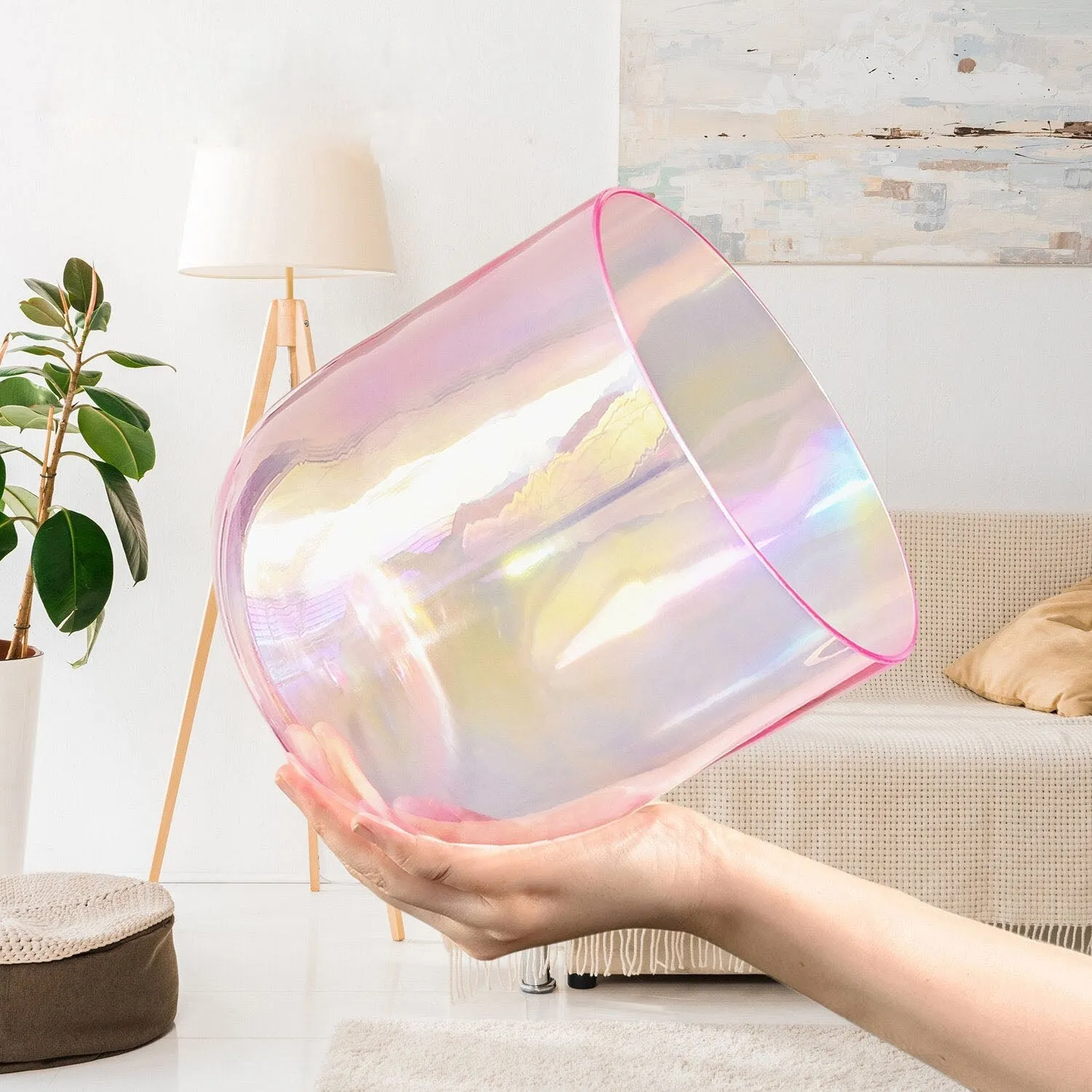 Pink 6 Inch Clear Quartz Crystal Singing Bowl with Cosmic Light for Sound Healing