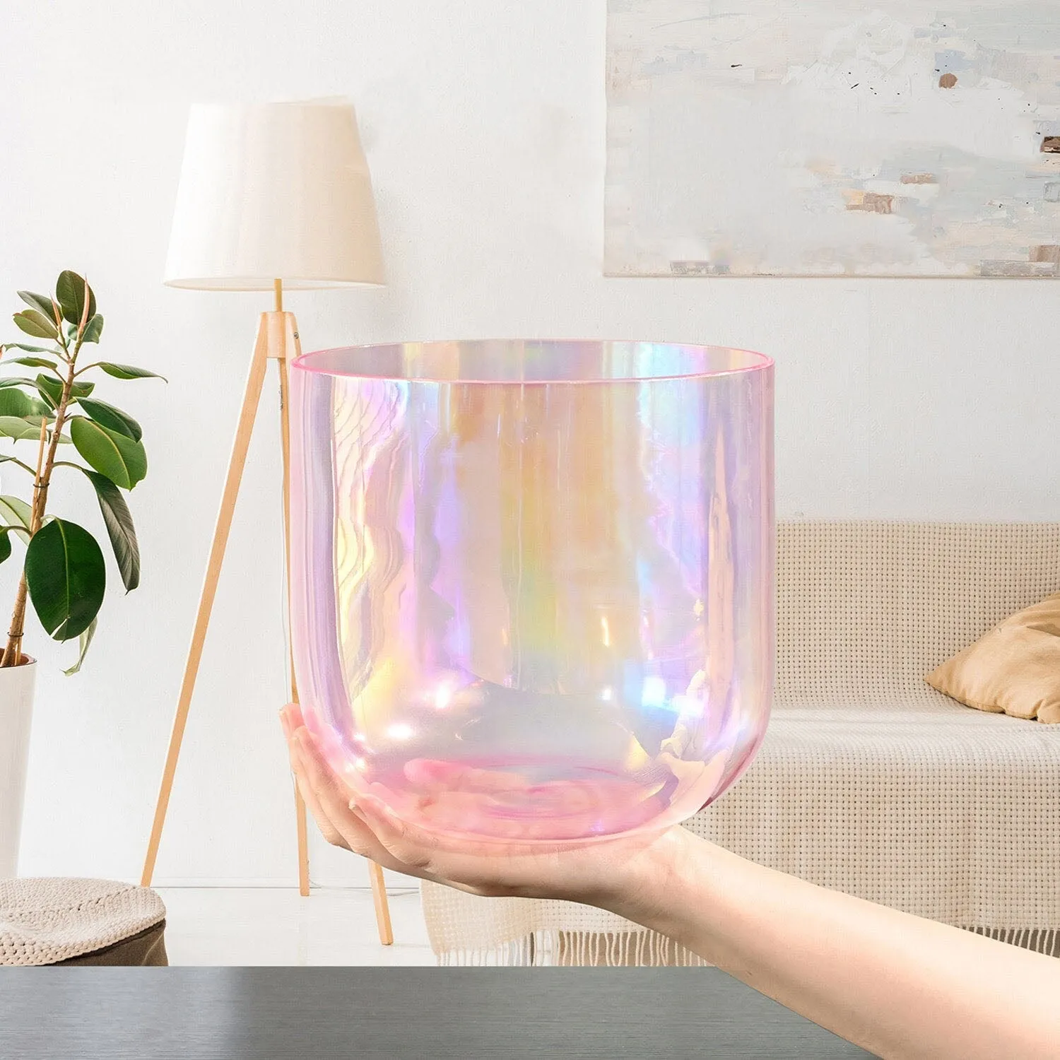 Pink 6 Inch Clear Quartz Crystal Singing Bowl with Cosmic Light for Sound Healing