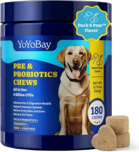 Probiotics for Dogs - Dog Probiotics for Digestive Health, Yeast, Itchy Skin, Gut Health, Immune & Skin - 6 Billion CFUs, 180 Soft Chews, Duck & Pear Flavor - with Prebiotics & Digestive Enzymes