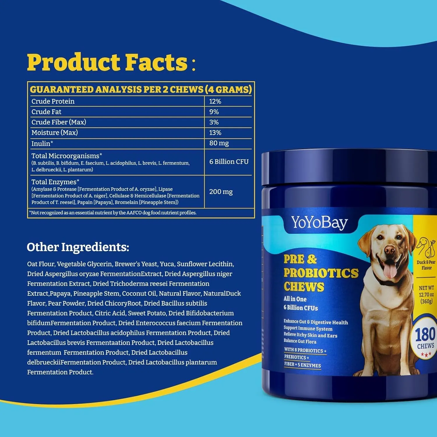Probiotics for Dogs - Dog Probiotics for Digestive Health, Yeast, Itchy Skin, Gut Health, Immune & Skin - 6 Billion CFUs, 180 Soft Chews, Duck & Pear Flavor - with Prebiotics & Digestive Enzymes
