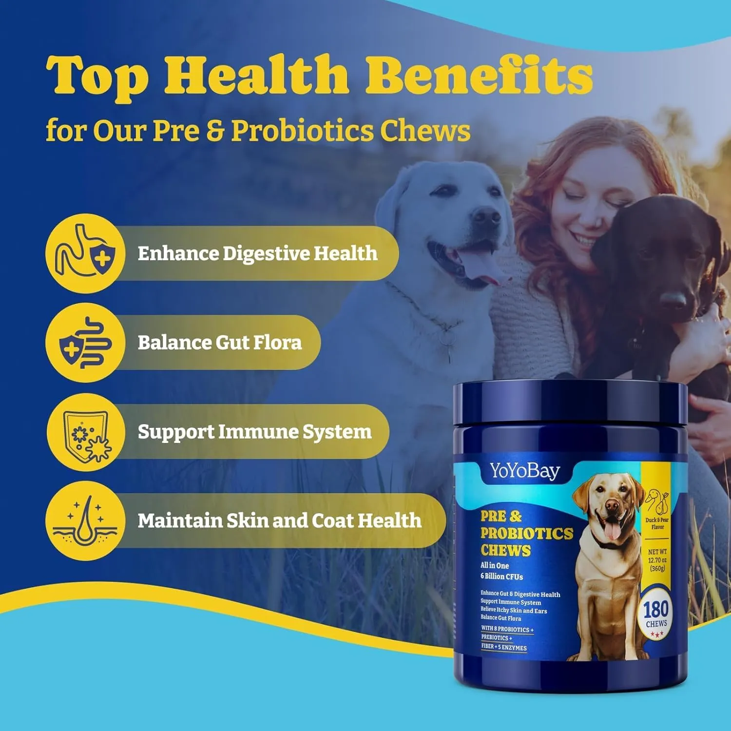 Probiotics for Dogs - Dog Probiotics for Digestive Health, Yeast, Itchy Skin, Gut Health, Immune & Skin - 6 Billion CFUs, 180 Soft Chews, Duck & Pear Flavor - with Prebiotics & Digestive Enzymes