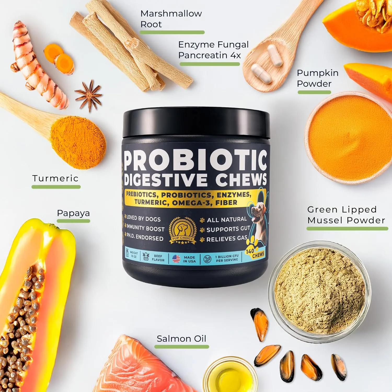 Probiotics for Dogs - PhD Endorsed Digestive Enzymes - Gut Health, Diarrhea & Bowel Support - Dog Treats with Turmeric, Omega-3 & Fiber - Immune Soft 140 Chews - Beef Flavor - Made in USA