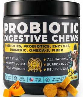 Probiotics for Dogs - PhD Endorsed Digestive Enzymes - Gut Health, Diarrhea & Bowel Support - Dog Treats with Turmeric, Omega-3 & Fiber - Immune Soft 140 Chews - Beef Flavor - Made in USA