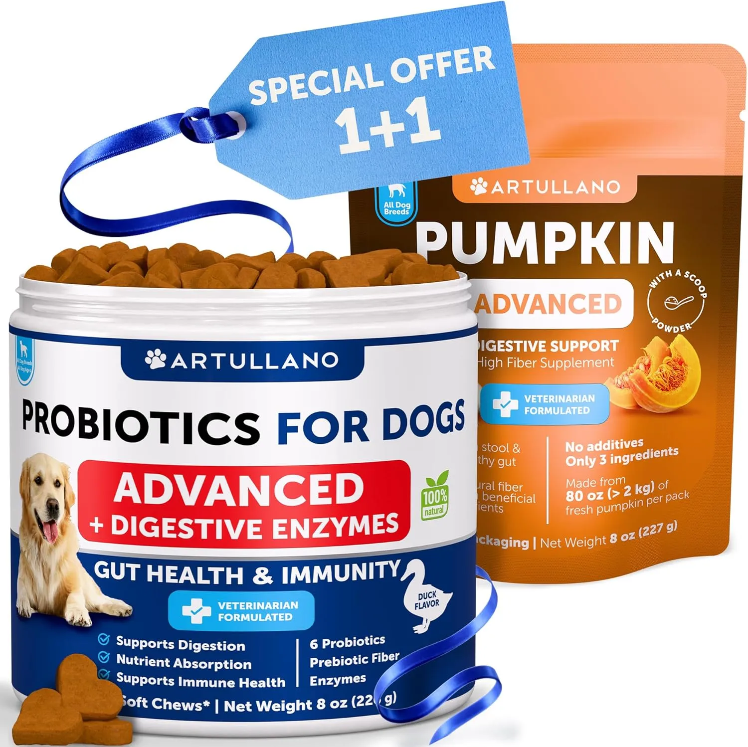Pumpkin Powder for Dogs   Probiotic Chews Bundle - Fiber Supplement for Digestion, Gut Balance & Firm Stool - Gut Health, Immunity, Yeast Balance, Reduces Diarrhea & Gas, Enzymes & Prebiotics