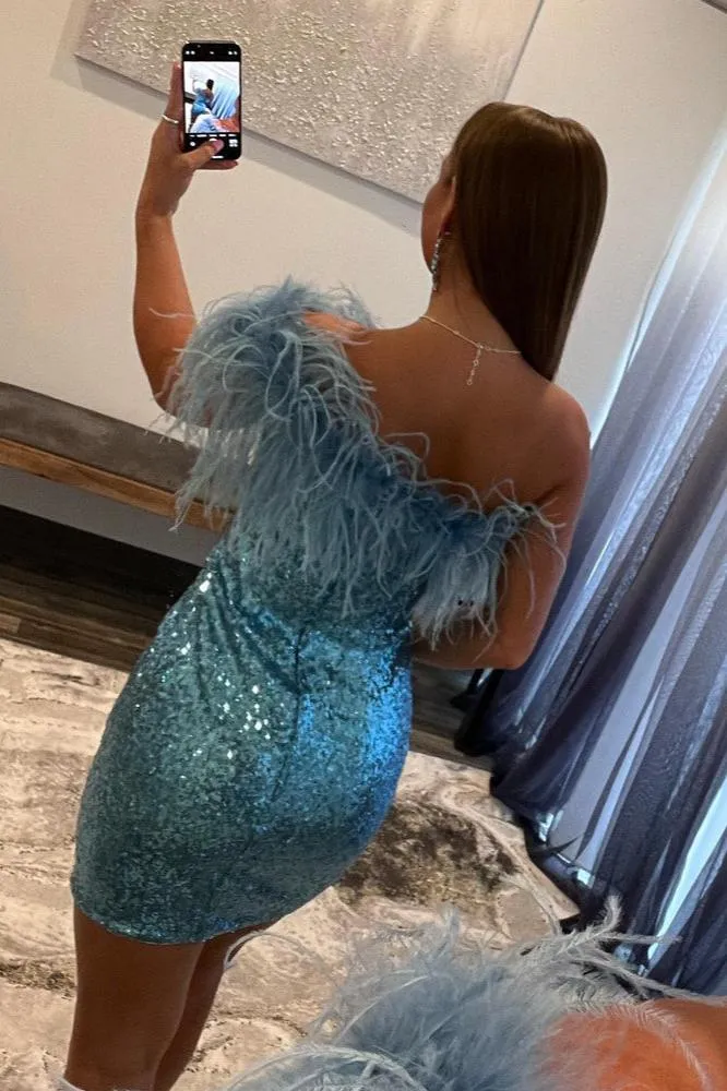 Sparkly One Shoulder Blue Sequins Homecoming Dresses with Feather VK22061002