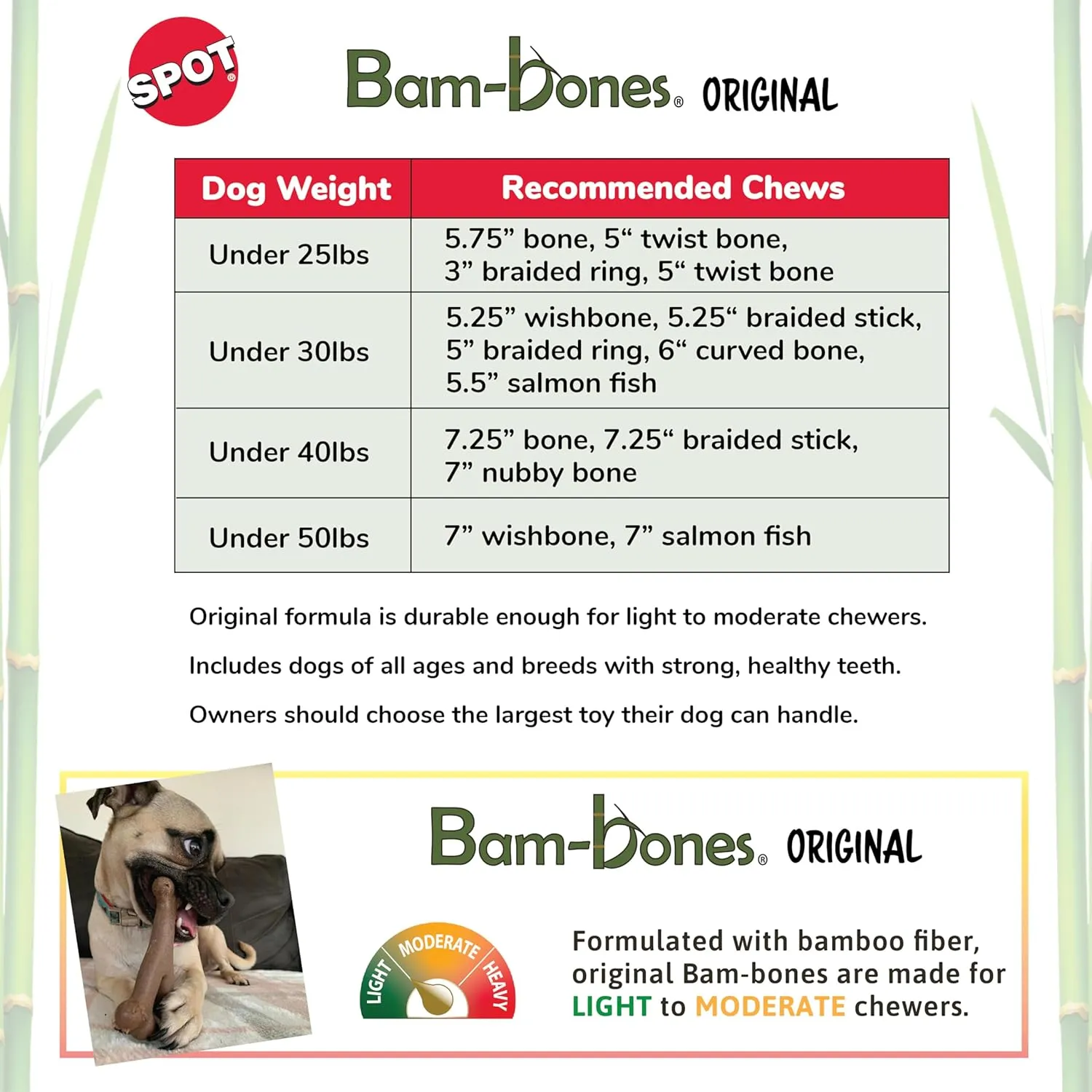 SPOT Bam-Bones Bone - Made with Strong Bamboo Fiber, Durable Long Lasting Dog Chew for Light to Moderate Chewers, Great Toy for Adult Dogs & Teething Puppies Under 25lbs, 5.75in, Bacon Flavor