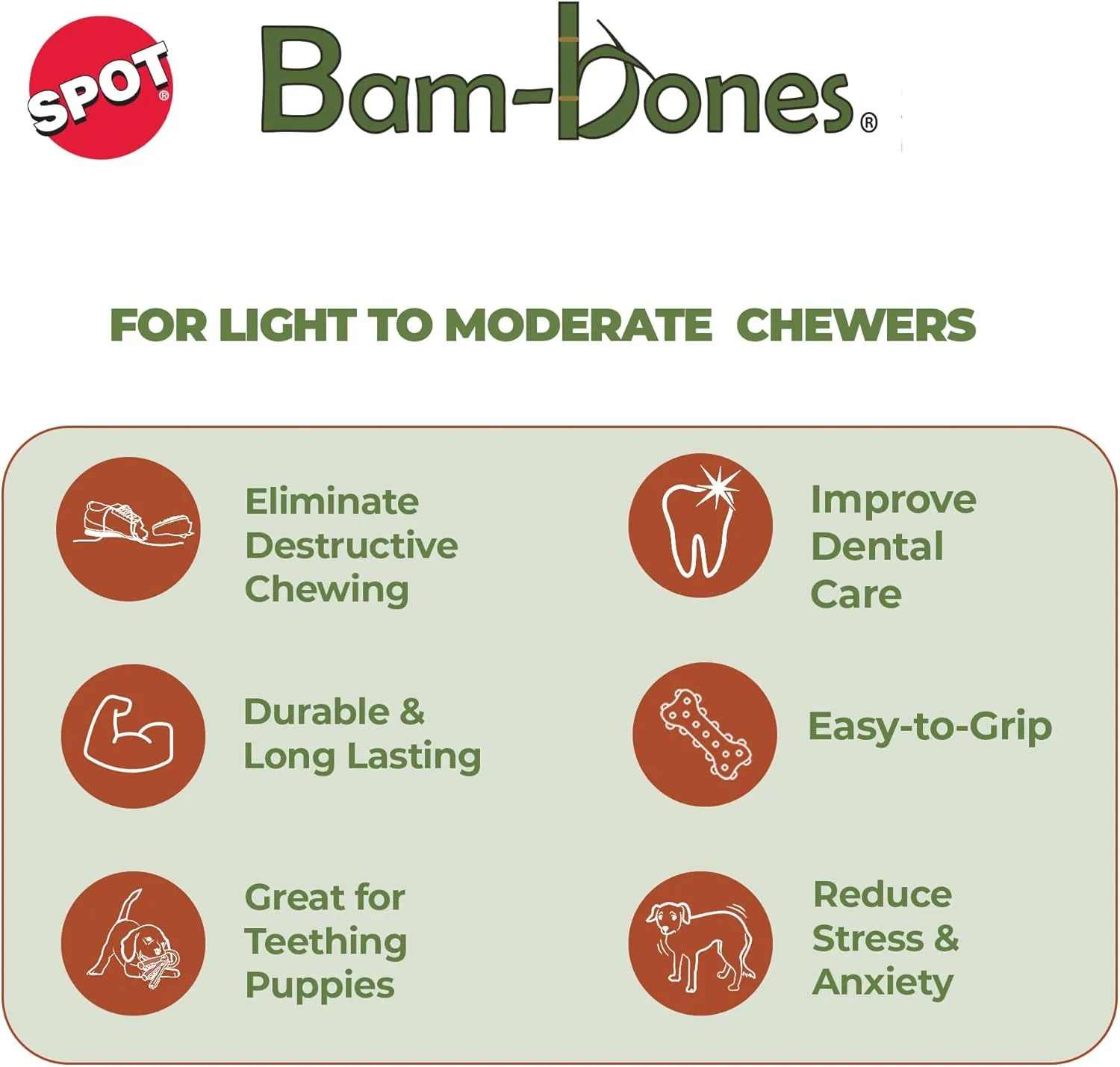 SPOT Bam-Bones Bone - Made with Strong Bamboo Fiber, Durable Long Lasting Dog Chew for Light to Moderate Chewers, Great Toy for Adult Dogs & Teething Puppies Under 25lbs, 5.75in, Bacon Flavor