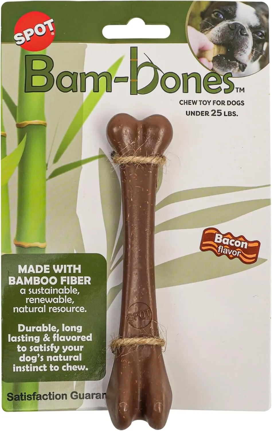 SPOT Bam-Bones Bone - Made with Strong Bamboo Fiber, Durable Long Lasting Dog Chew for Light to Moderate Chewers, Great Toy for Adult Dogs & Teething Puppies Under 25lbs, 5.75in, Bacon Flavor