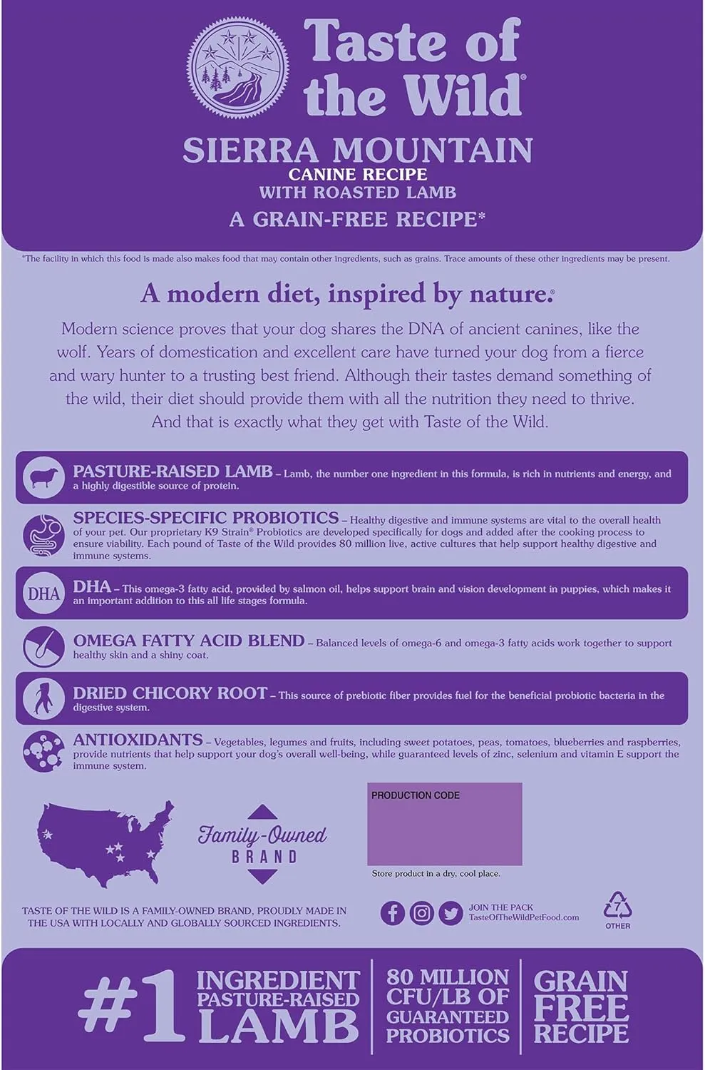 Taste of the Wild Sierra Mountain Grain-Free Canine Recipe with Roasted Lamb Dry Dog Food for All Life Stages, Made with High Protein from Real Lamb and Guaranteed Nutrients And Probiotics 28lb