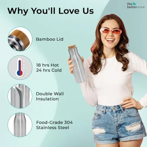 The Better Home Insulated Stainless Steel Water Bottle with Bamboo Lid 500 Ml |Non-Toxic & BPA Free Water Bottle for Home Office Kids| Hot for 18 Hours,Cold for 24 Hours|Pack of 5