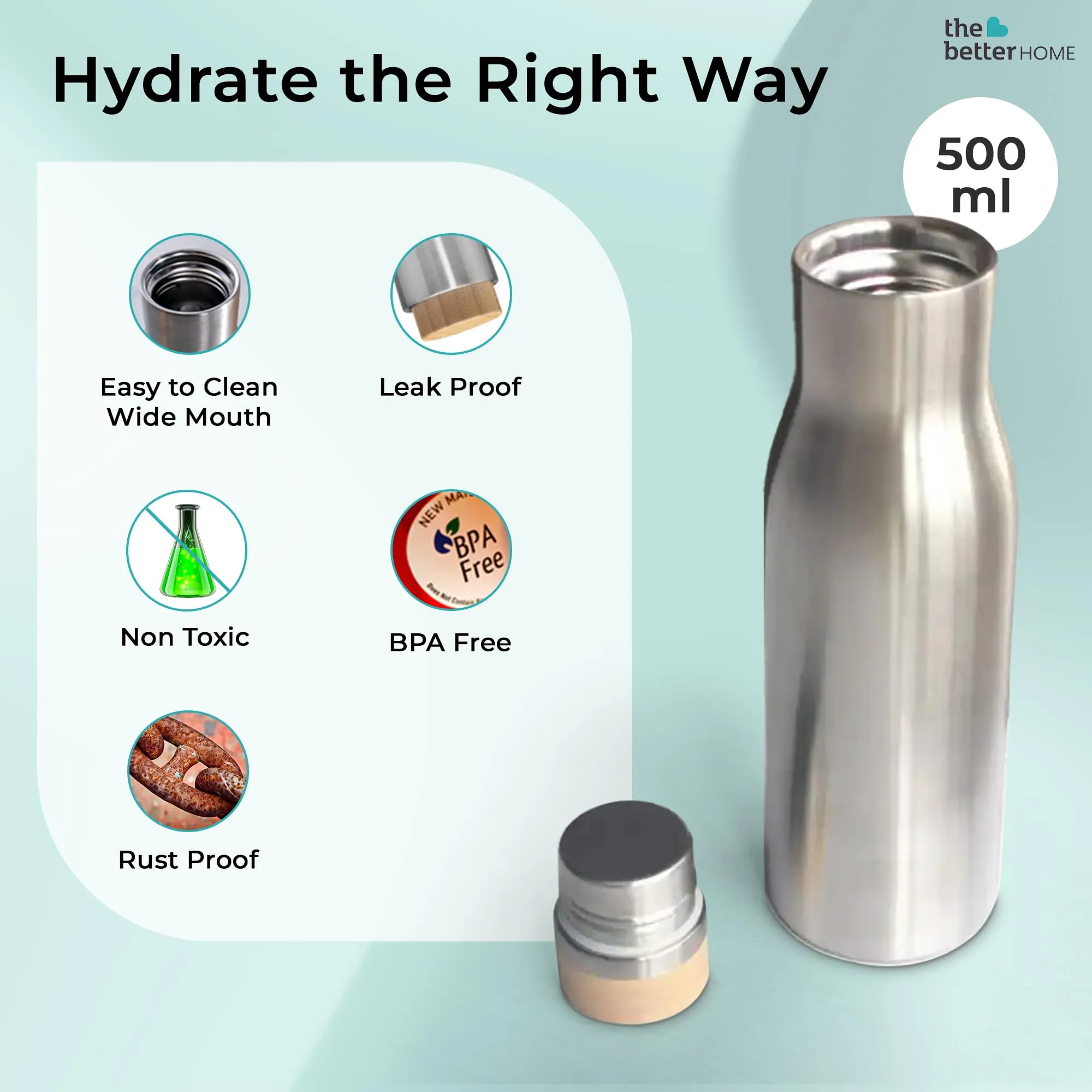 The Better Home Insulated Stainless Steel Water Bottle with Bamboo Lid 500 Ml |Non-Toxic & BPA Free Water Bottle for Home Office Kids| Hot for 18 Hours,Cold for 24 Hours|Pack of 5