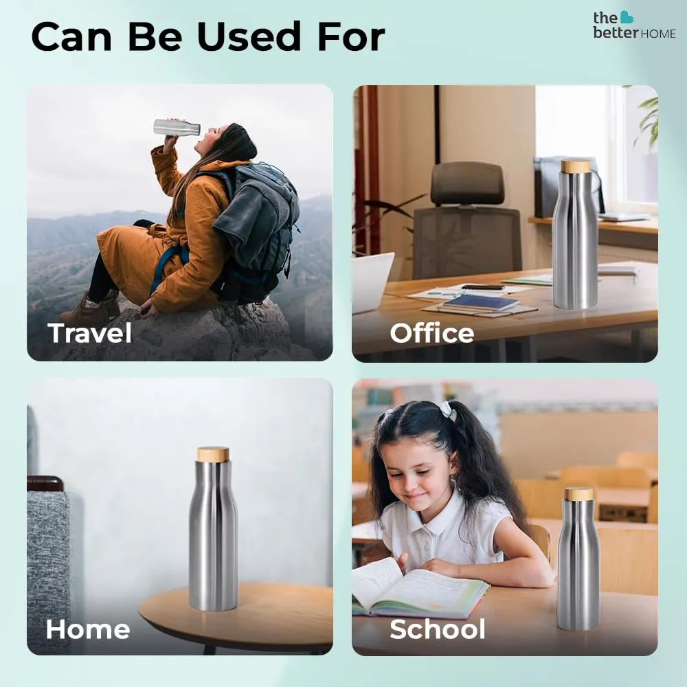 The Better Home Insulated Stainless Steel Water Bottle with Bamboo Lid 500 Ml |Non-Toxic & BPA Free Water Bottle for Home Office Kids| Hot for 18 Hours,Cold for 24 Hours|Pack of 5