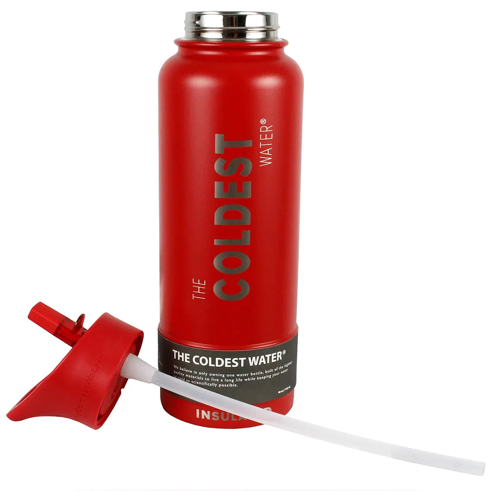 The Coldest Sports Water Bottle 40 oz Straw Lid Stainless Steel Crimson Red