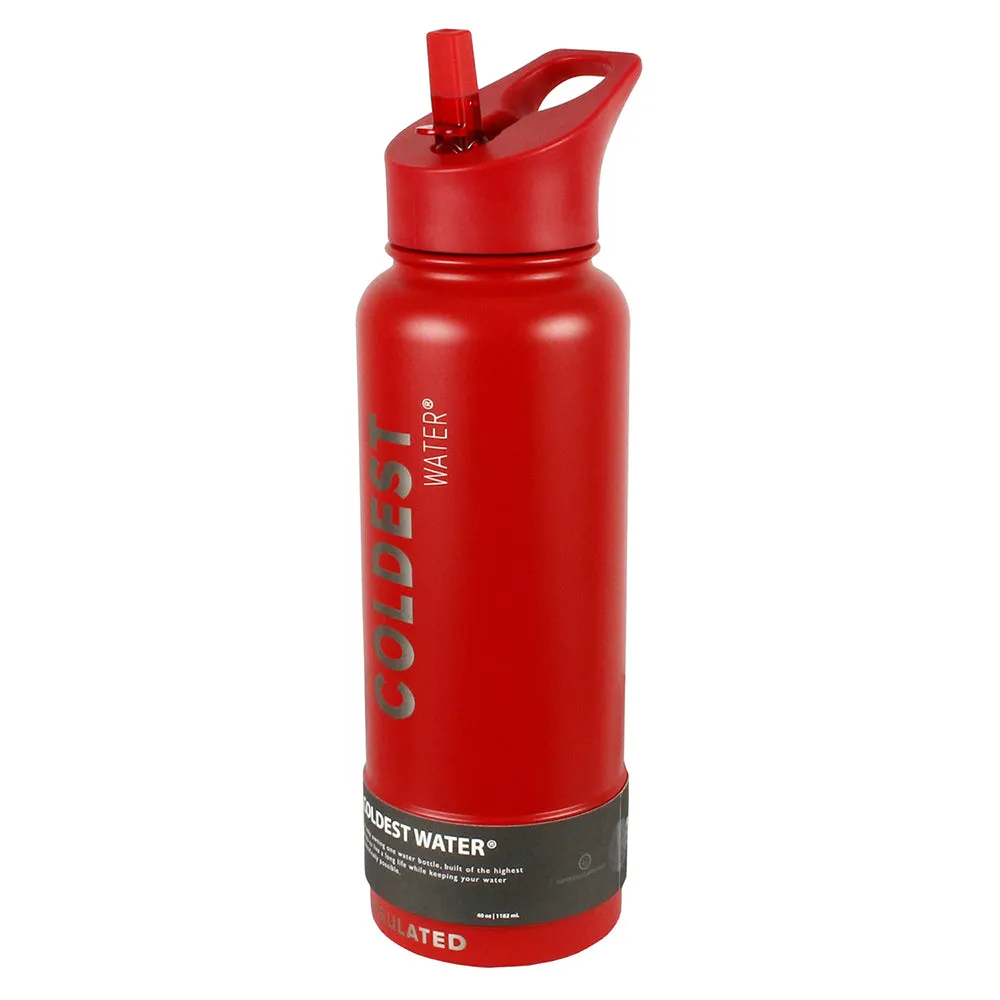The Coldest Sports Water Bottle 40 oz Straw Lid Stainless Steel Crimson Red