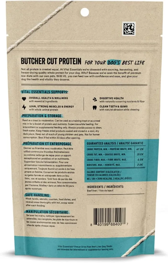 Vital Essentials Beef Liver Dog Treats, 2.1 oz | Freeze-Dried Raw | Single Ingredient |Premium Quality High Protein Training Treats | Grain Free, Gluten Free, Filler Free