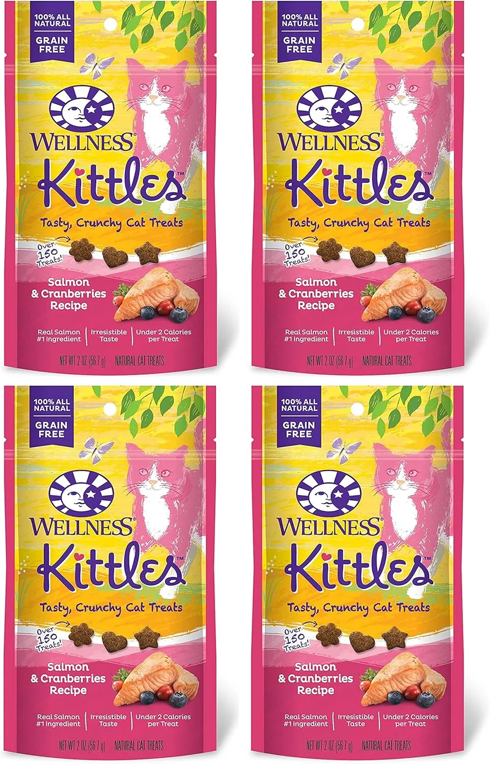 Wellness 4 Pack of Salmon & Cranberries Kittles, 2 Ounces Each, Crunchy Natural Grain-Free Cat Treats