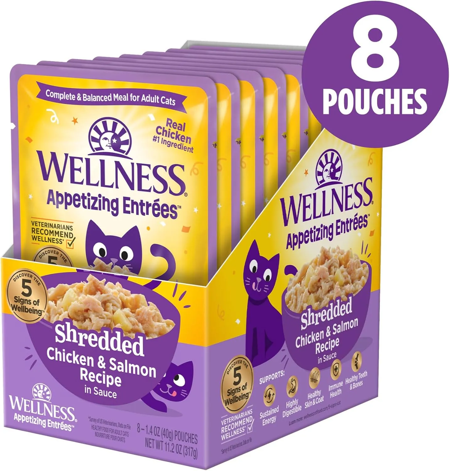 Wellness Appetizing Entres Shredded Adult Wet Cat Food, Natural, Protein-Rich, Grain Free, 1.4 Ounce Pouch, 8 Pack (Chicken & Salmon Recipe)