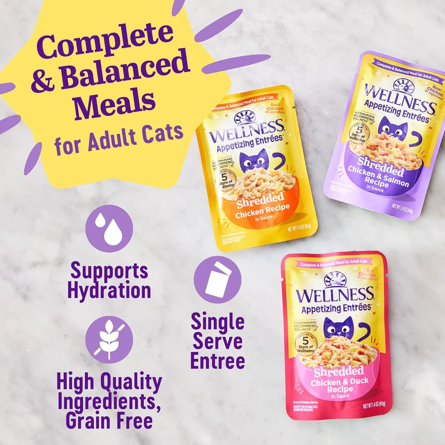 Wellness Appetizing Entres Shredded Adult Wet Cat Food, Natural, Protein-Rich, Grain Free, 1.4 Ounce Pouch, 8 Pack (Chicken & Salmon Recipe)