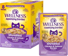 Wellness Appetizing Entres Shredded Adult Wet Cat Food, Natural, Protein-Rich, Grain Free, 1.4 Ounce Pouch, 8 Pack (Chicken & Salmon Recipe)