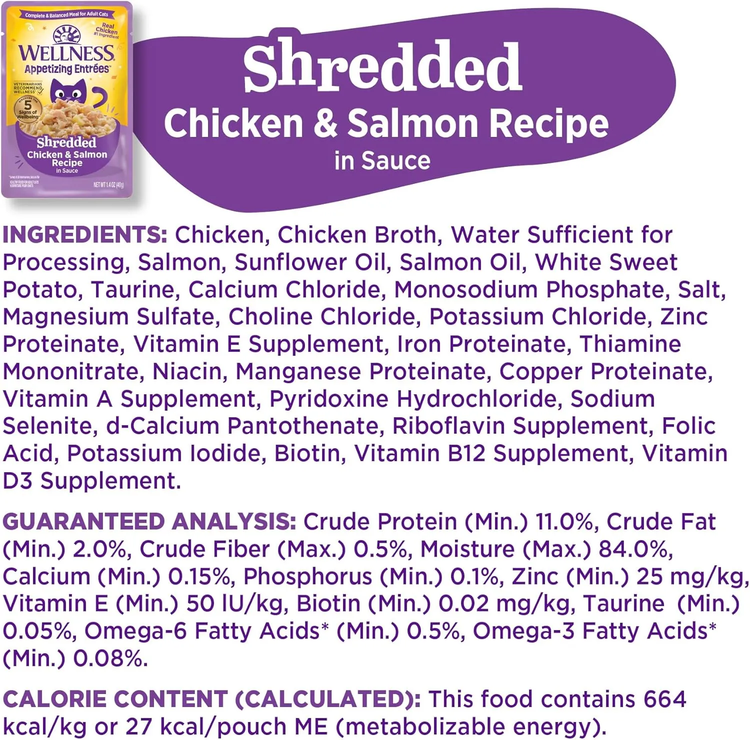 Wellness Appetizing Entres Shredded Adult Wet Cat Food, Natural, Protein-Rich, Grain Free, 1.4 Ounce Pouch, 8 Pack (Chicken & Salmon Recipe)