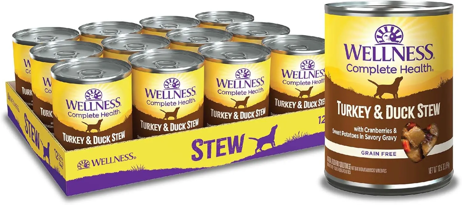 Wellness Complete Health Thick & Chunky Natural Grain Free Canned Wet Dog Food, Turkey & Duck Stew, 12.5-Ounce Can (Pack of 12)