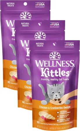 Wellness Kittles Crunchy Natural Grain Free Cat Treats, Chicken & Cranberries Recipe, All Life Stages, 2-Ounce Bag (Pack of 3)