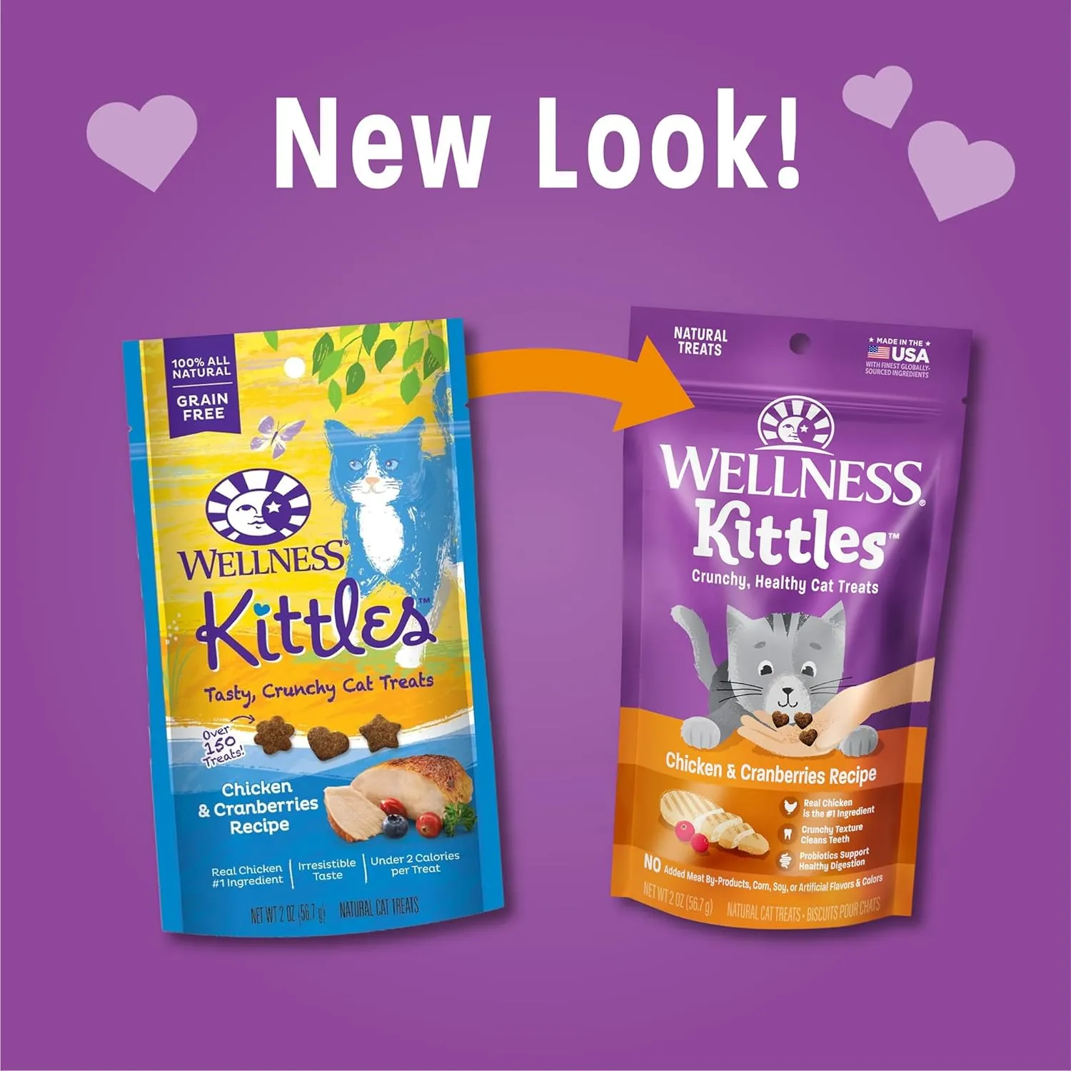Wellness Kittles Crunchy Natural Grain Free Cat Treats, Chicken & Cranberries Recipe, All Life Stages, 2-Ounce Bag (Pack of 3)