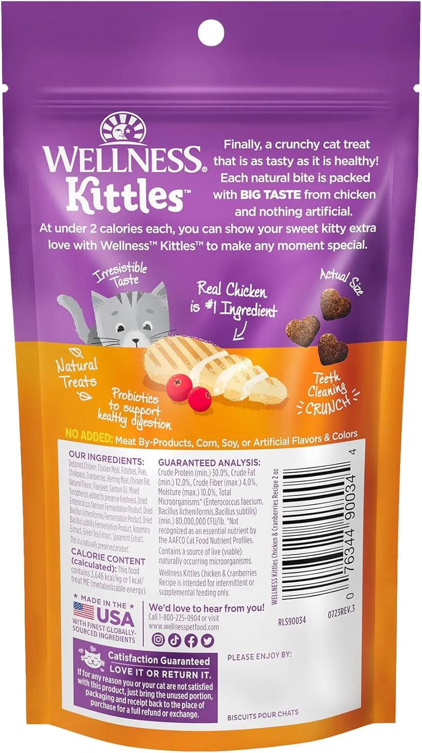 Wellness Kittles Crunchy Natural Grain Free Cat Treats, Chicken & Cranberries Recipe, All Life Stages, 2-Ounce Bag (Pack of 3)