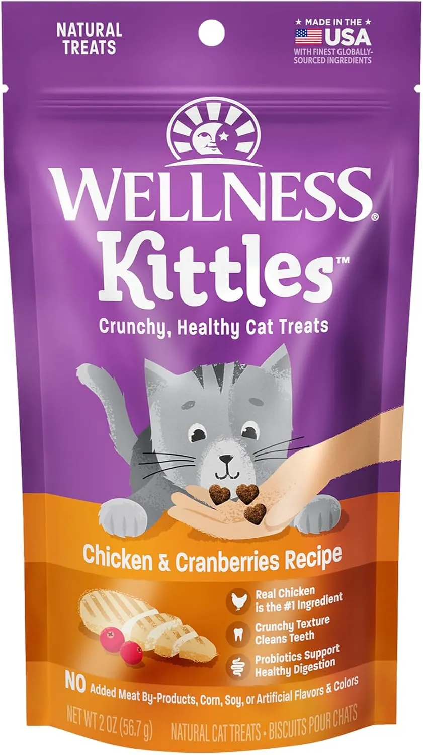 Wellness Kittles Crunchy Natural Grain-Free Cat Treats, Chicken & Cranberry, 2-Ounce Bag