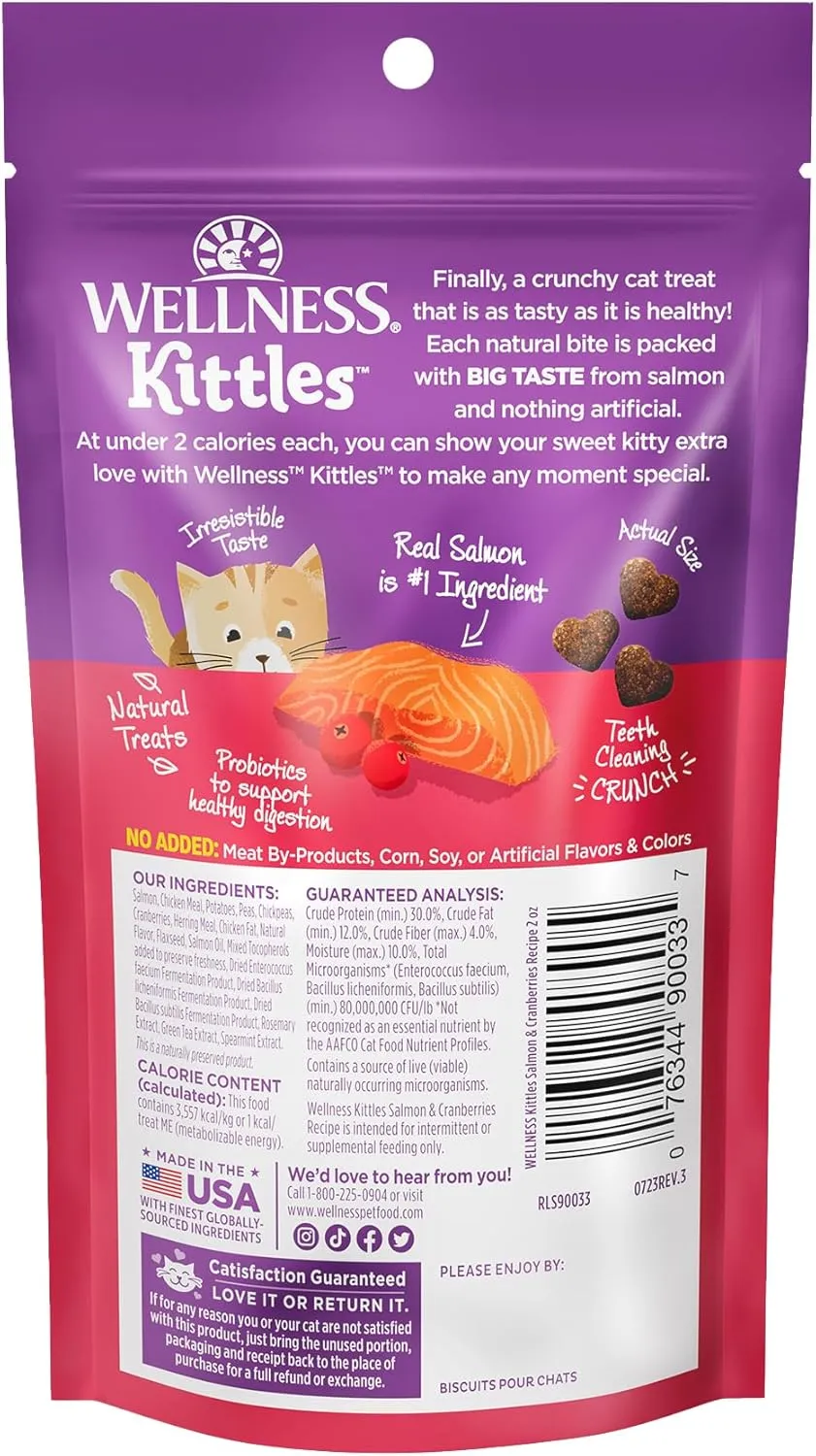 Wellness Kittles Crunchy Natural Grain Free Cat Treats, Salmon & Cranberries Recipe, All Life Stages, 2-Ounce Bag