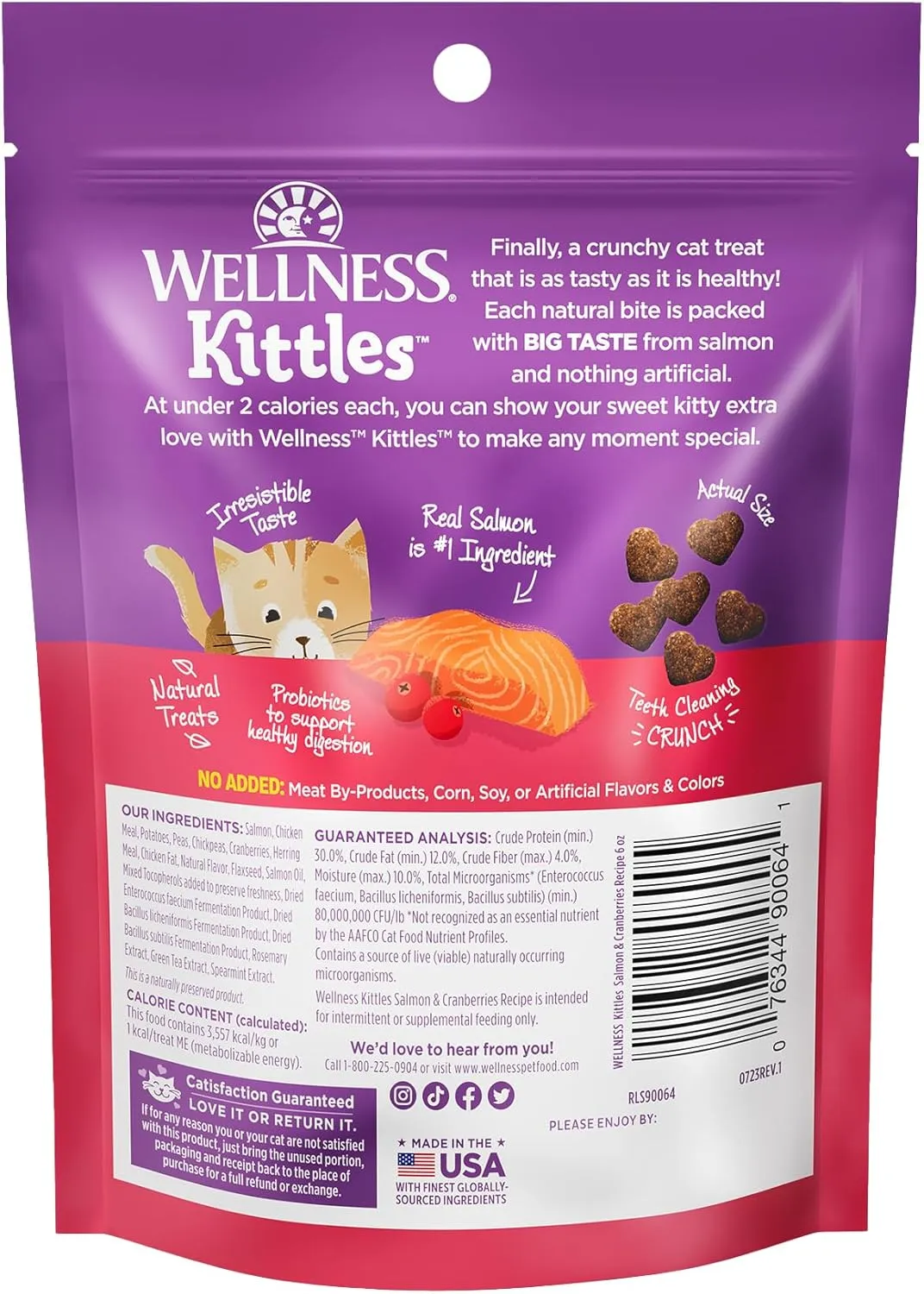 Wellness Kittles Crunchy Natural Grain Free Cat Treats, Salmon & Cranberries Recipe, All Life Stages, 6-Ounce Bag