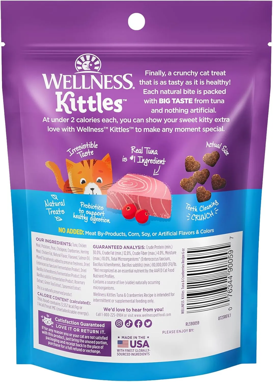 Wellness Kittles Crunchy Natural Grain Free Cat Treats, Tuna & Cranberries Recipe, All Life Stages, 6-Ounce Bag