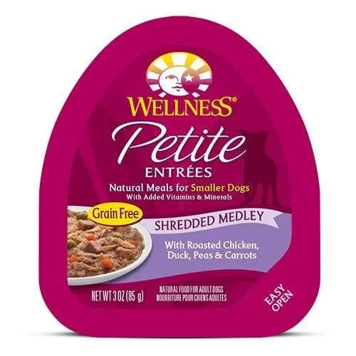 Wellness Small Breed Petite Entrees Roasted Chicken, Duck, Peas & Carrot Shredded Medley Wet Dog Food 3oz